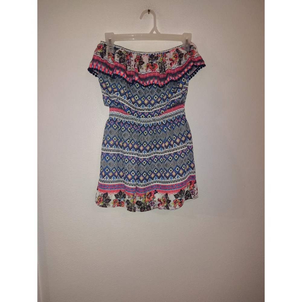 Jolt Womens Off The Shoulder‎ Romper Blue Pink Geometric Floral Print Small